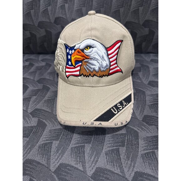 Eagle Embroidered Beige Baseball Cap U.S.A. Design Adjustable Strap NRA America - Picture 1 of 7